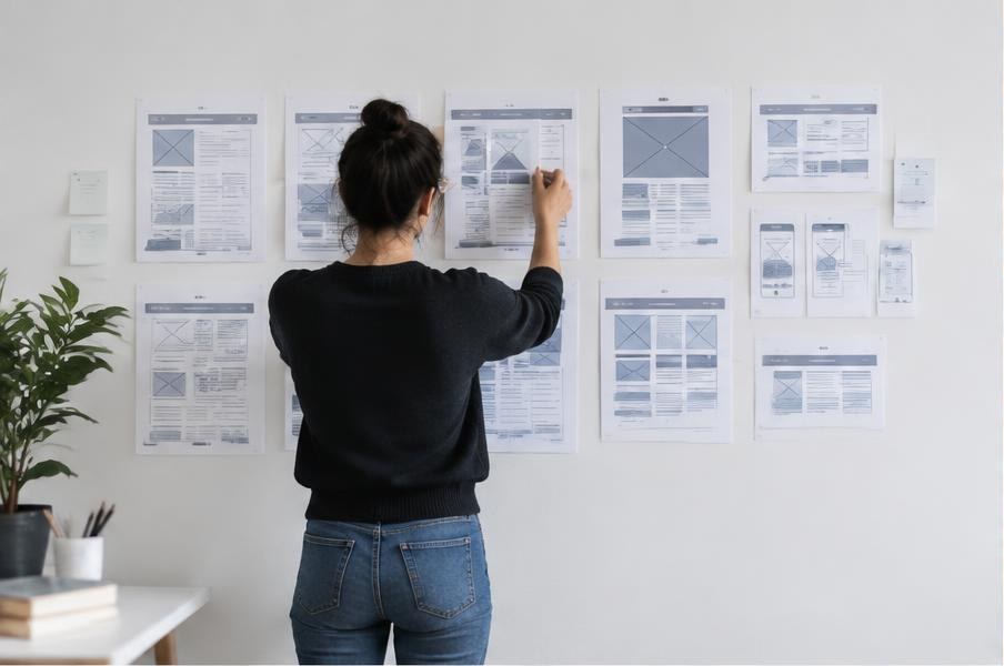 Webdesigner sammensætter sider og indhold til en hjemmeside