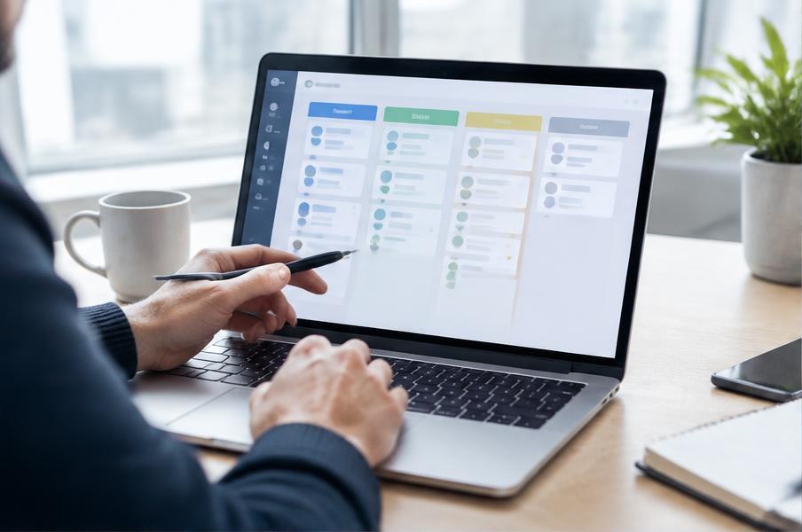 Sælger gennemgår en CRM-oversigt på sin computer