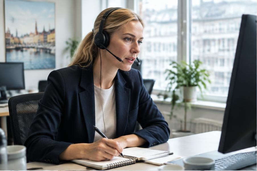 Mødebooker taler med en mulig kunde over headset