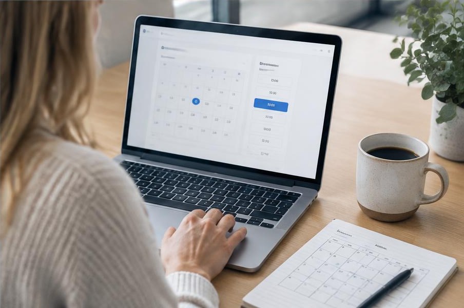 Mødekalender med ledige tider på en bærbar computer