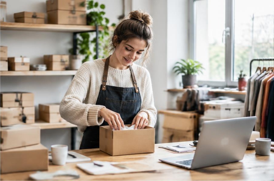 Webshopejer pakker en ordre ved sin computer